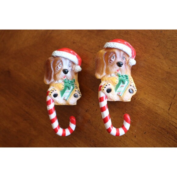 Lot 2x Vtg Santa Beagle Hound Dog Christmas Stocking Hanger Holder Shelf Sitter - Picture 3 of 10